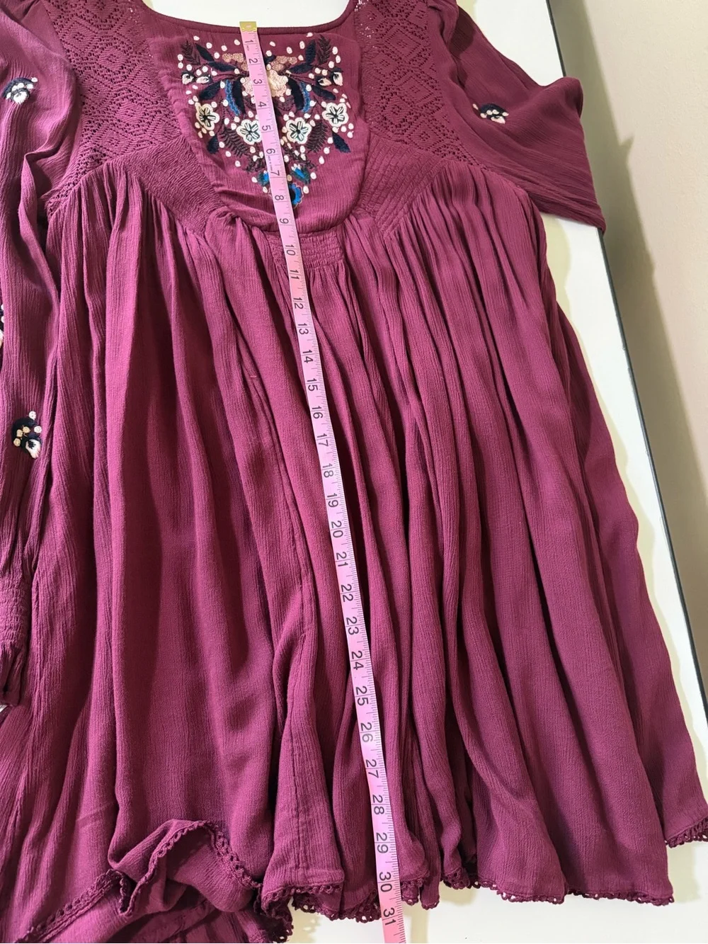 Free People Burgundy Embroidered Long-Sleeve Boho Dress